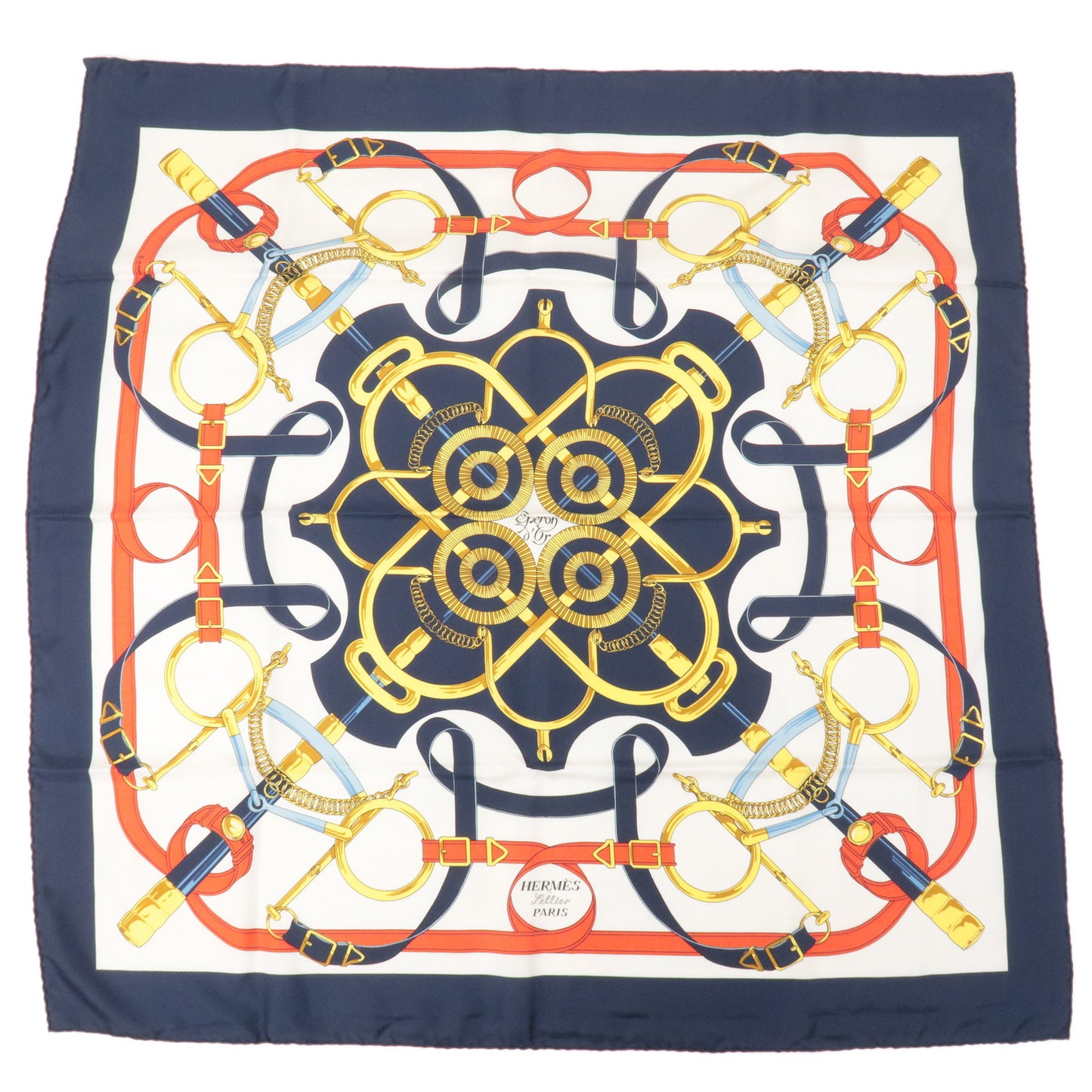 HERMES Carre 90 100% Silk Scarf Eperon d'or Tellier Navy White