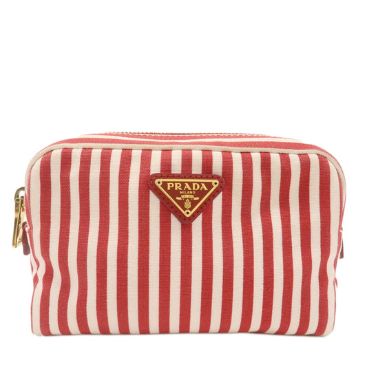 PRADA-Logo-Canvas-Leather-Pouch-Cosmetic-Pouch-Stripe-Red-White