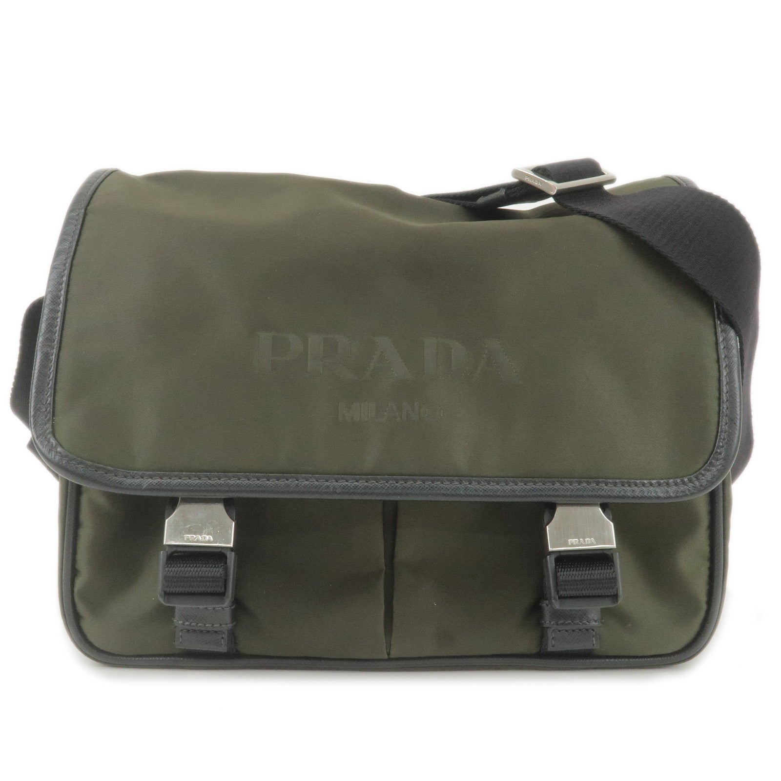 PRADA-Logo-Nylon-Leather-Shoulder-Bag-Crossbody-Bag-Khaki-Black