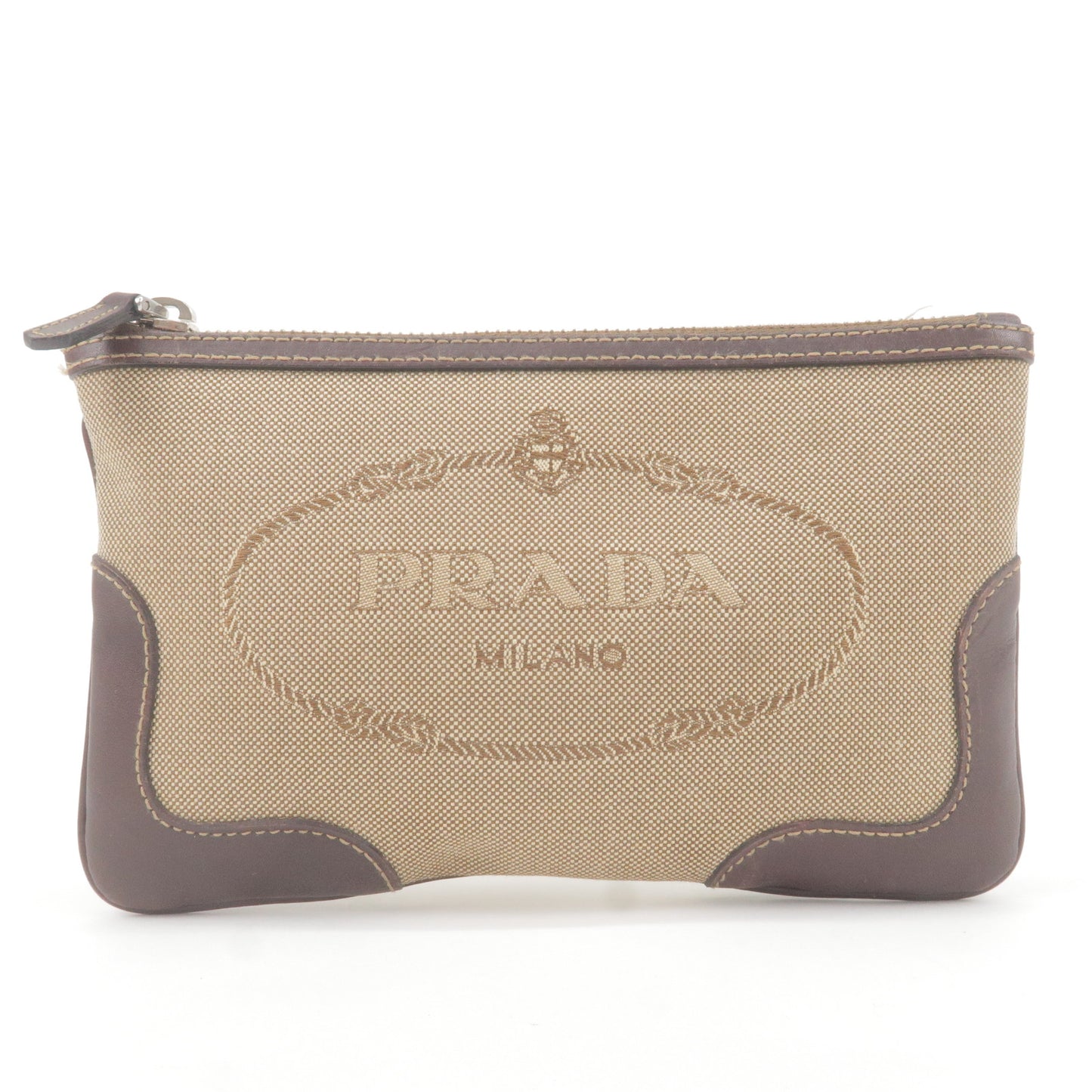 PRADA Logo Jacquard Leather Pouch Cosmetic Pouch Beige Brown