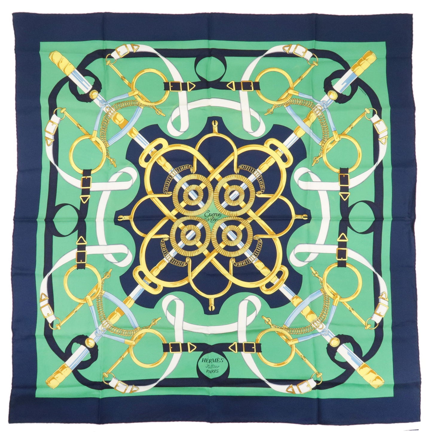 HERMES-Carre-90-Silk-100%-Scarf-EPERON-D'OR-Spur-Print-Green