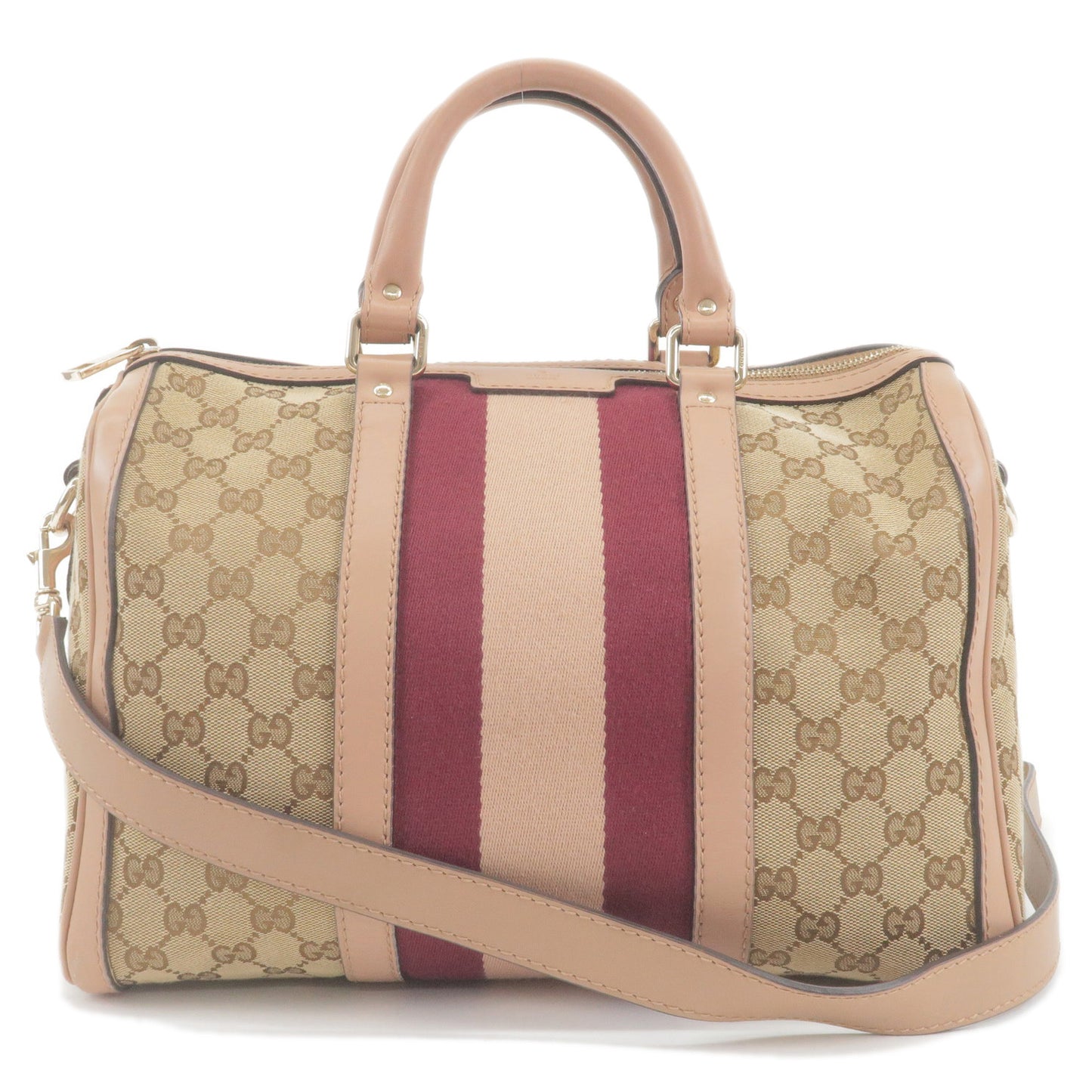 GUCCI-Sherry-Line-GG-Canvas-Leather-Boston-Bag-Pink-Beige-247205
