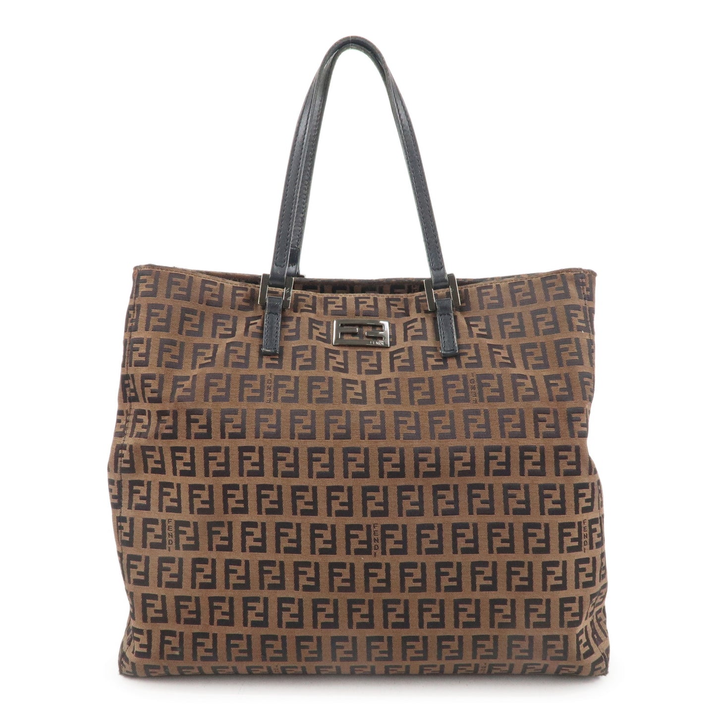 FENDI-Zucchino-Canvas-Leather-Hand-Bag-Brown-Black-8BH133