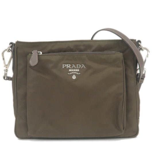 PRADA-Logo-Nylon-Leather-Shoulder-Bag-Purse-Khaki-BT0693