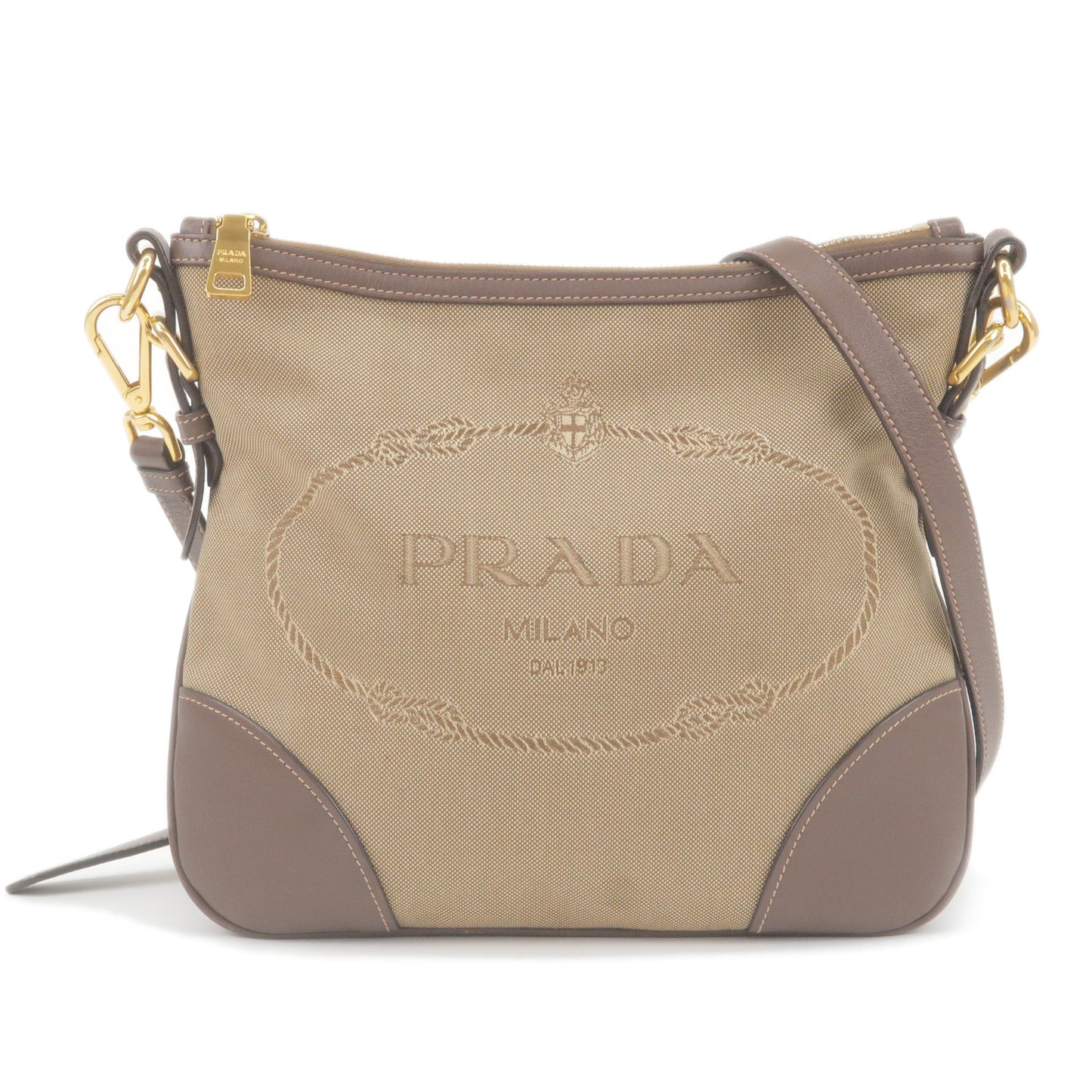PRADA-Logo-Jacquard-Leather-Shoulder-Bag-Beige-Brown-BT867A