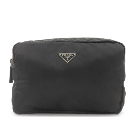 PRADA-Logo-Nylon-Leather-Pouch-Cosmetic-Bag-NERO-Black-MV348