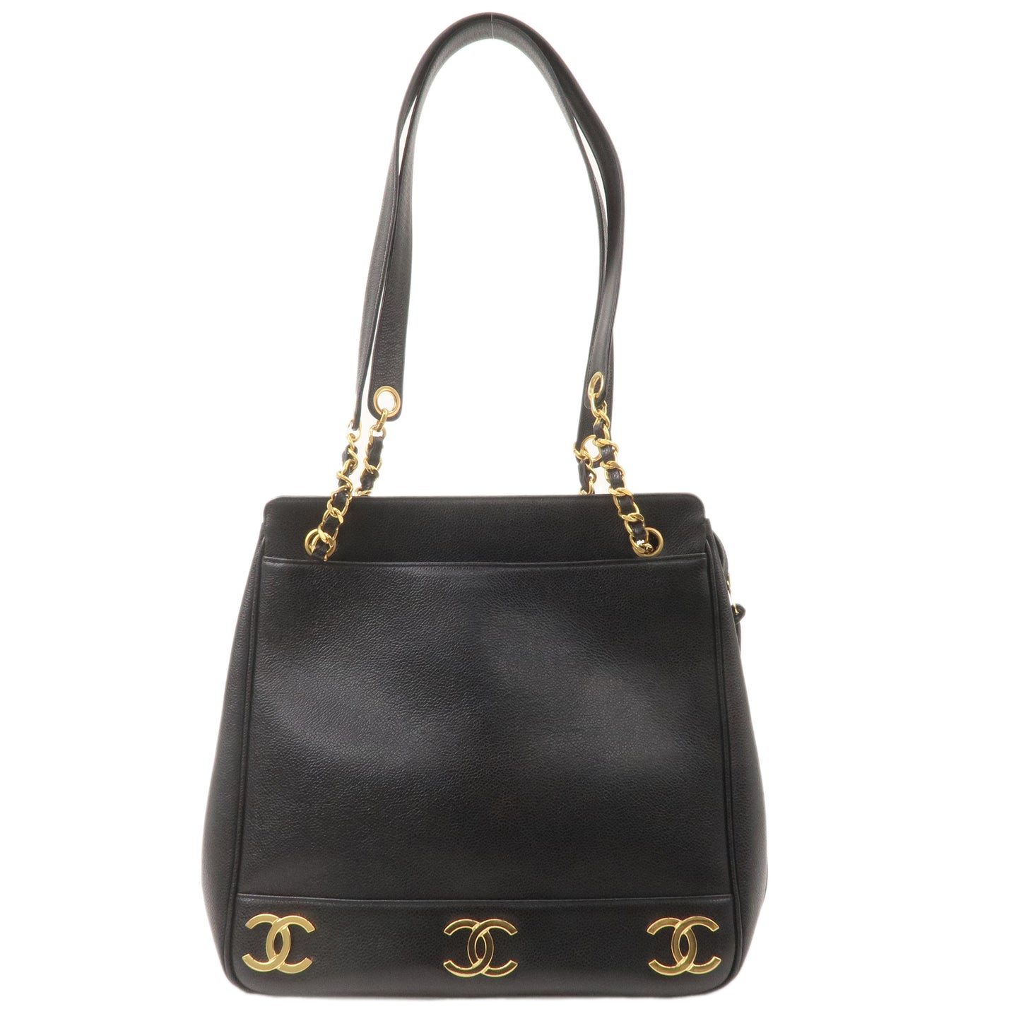 CHANEL Caviar Skin Triple Coco Chain Tote Bag Black Gold