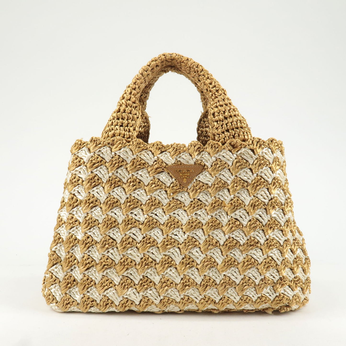 PRADA Logo Raffia Crochet Tote Bag Hand Bag Beige Ivory BN2303