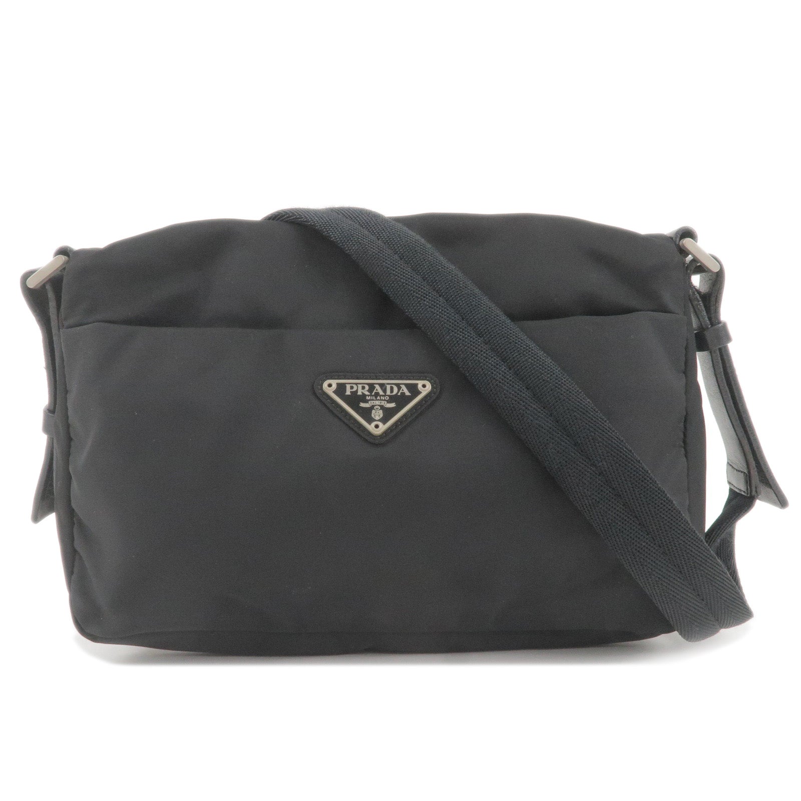 PRADA-Logo-Nylon-Leather-Shoulder-Bag-NERO-Black-B9717