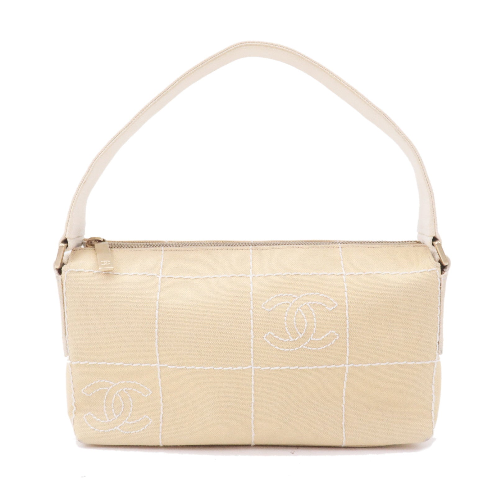 CHANEL Chocolate Bar Canvas Hand Bag Shoulder Bag Beige