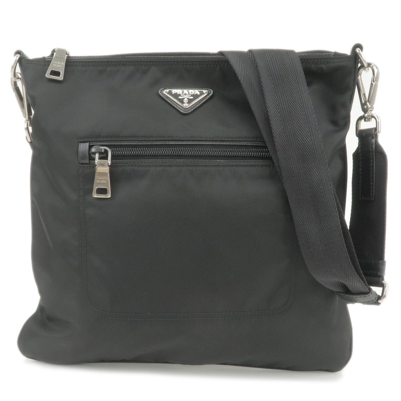 PRADA-Logo-Nylon-Leather-Shoulder-Bag-Black-Detachable-Strap