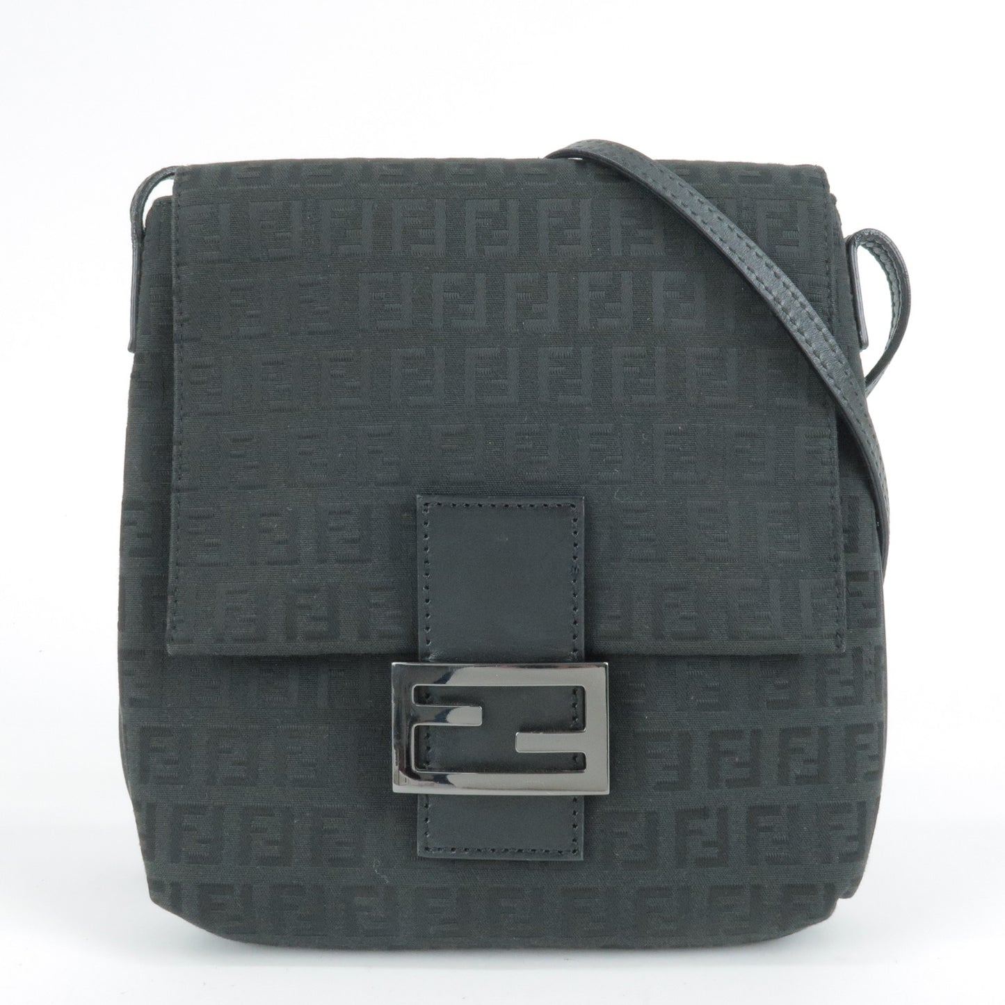 FENDI Zucchino Canvas Leather Shoulder Bag Black 8BT075