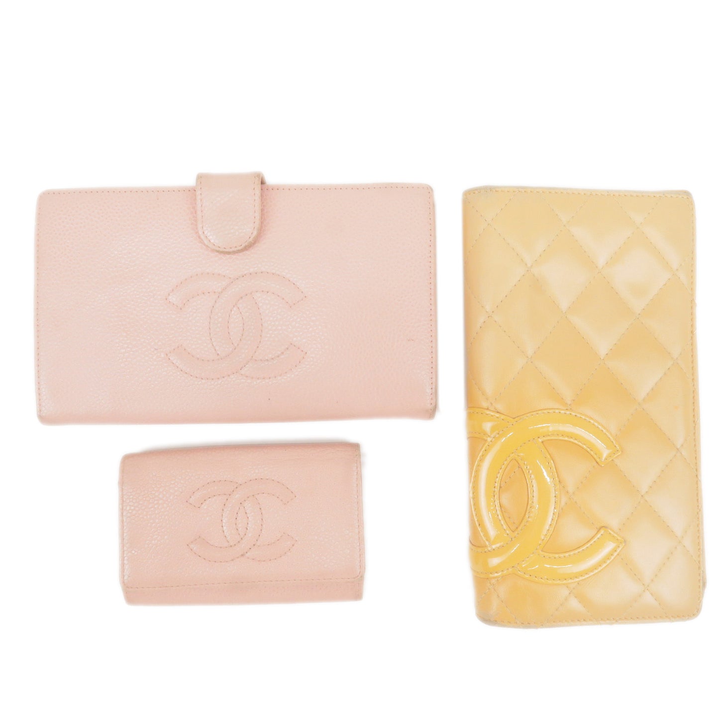 CHANEL-Set-of-3-Long-Wallet-Bifold-Wallet-and-Key-Case-Pink-Yellow