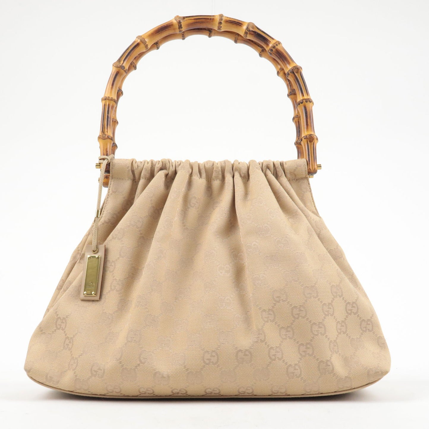 GUCCI Bamboo GG Canvas Leather Shoulder Bag Beige 92708