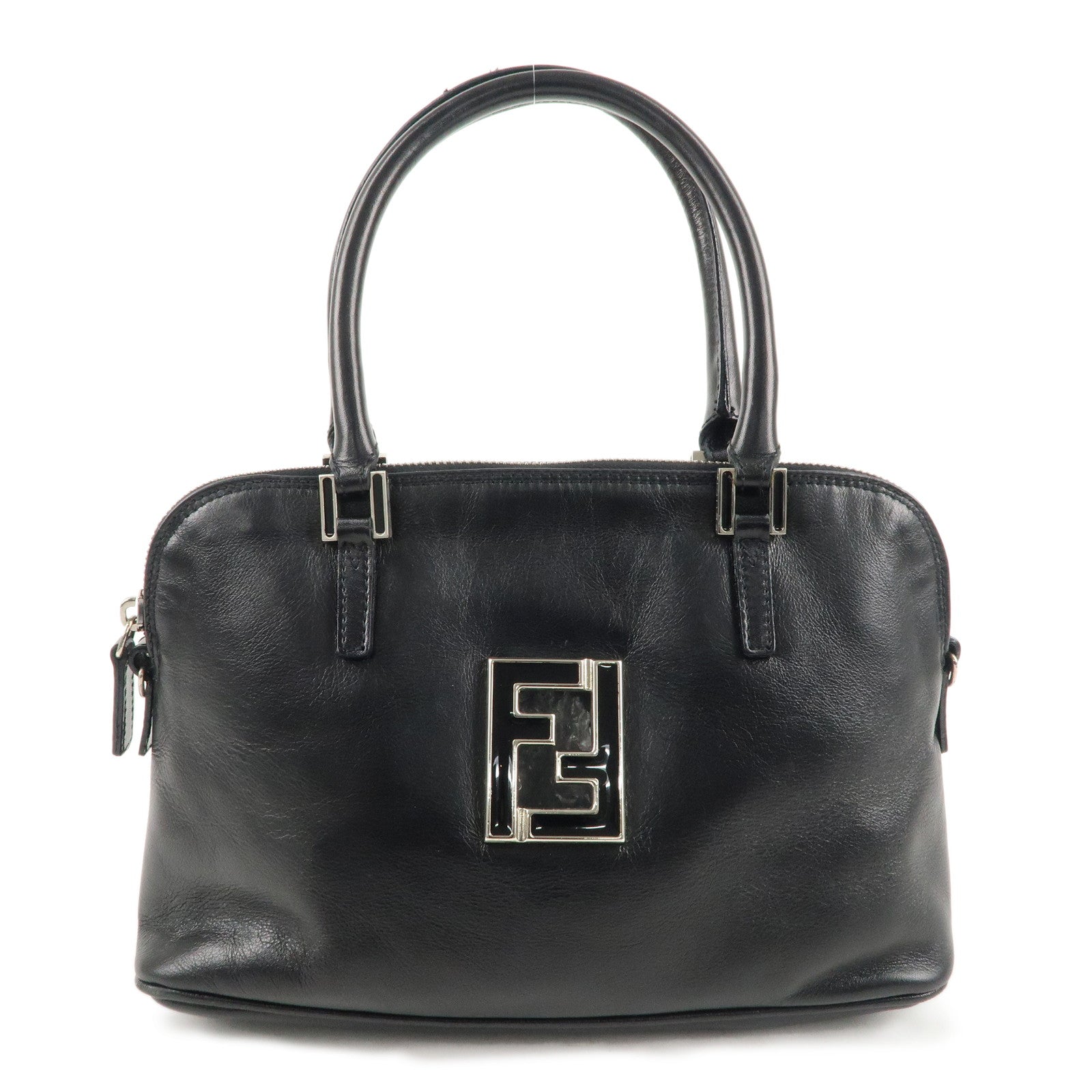 FENDI FF Logo Leather Hand Bag Silver HDW Black 15563