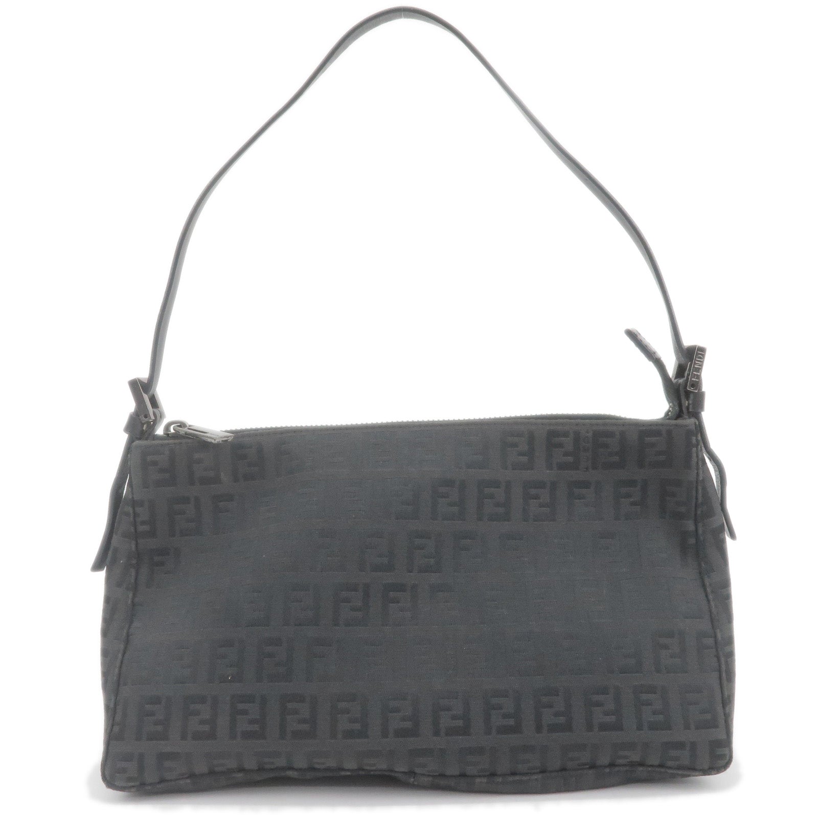 FENDI-Zucchino-Canvas-Leather-Shoulder-Bag-Black-8BR156