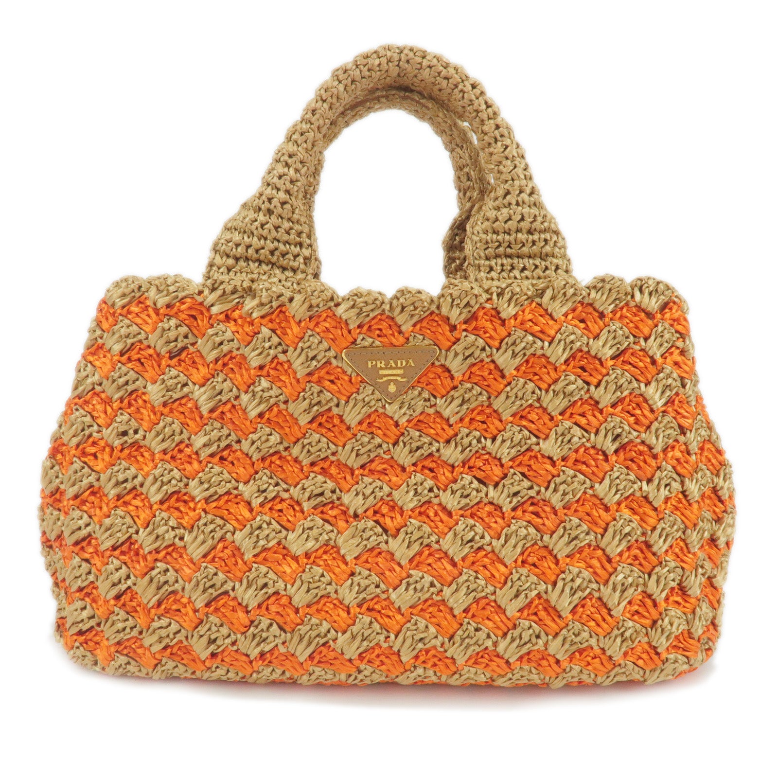 PRADA-Logo-Raffia-Crochet-Tote-Bag-Hand-Bag-Brown-Orange-BN2303