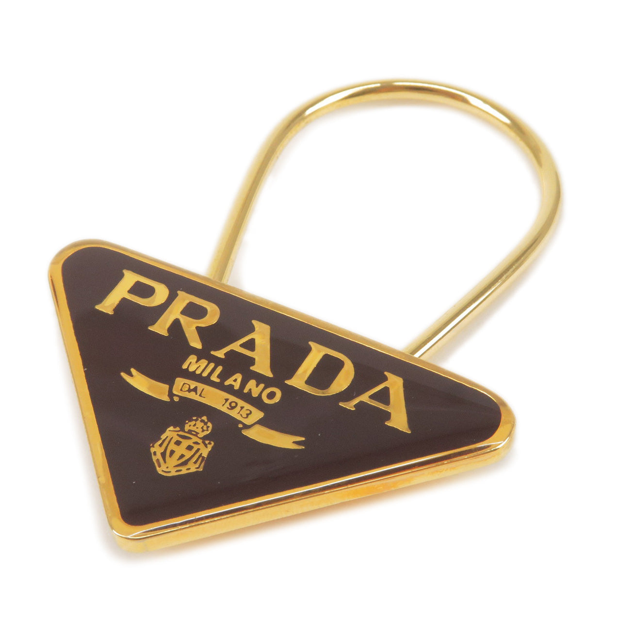 PRADA-Metal-Triangle-Logo-Key-Chain-Bag-Charm-M285-Brown-Gold