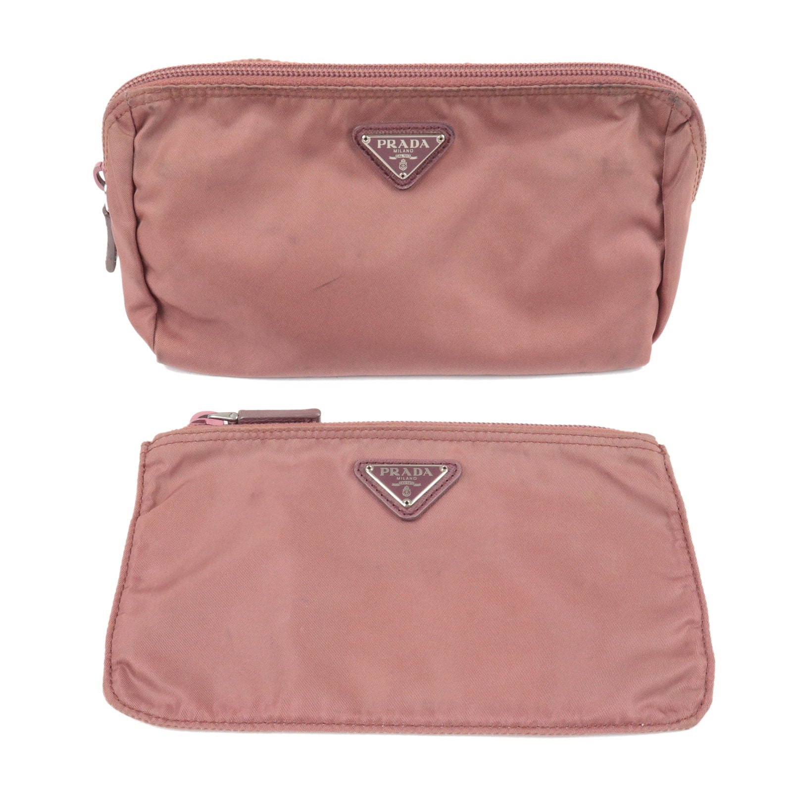 PRADA-Set-of-2-Logo-Nylon-Leather-Pouch-Cosmetic-Pouch-Pink