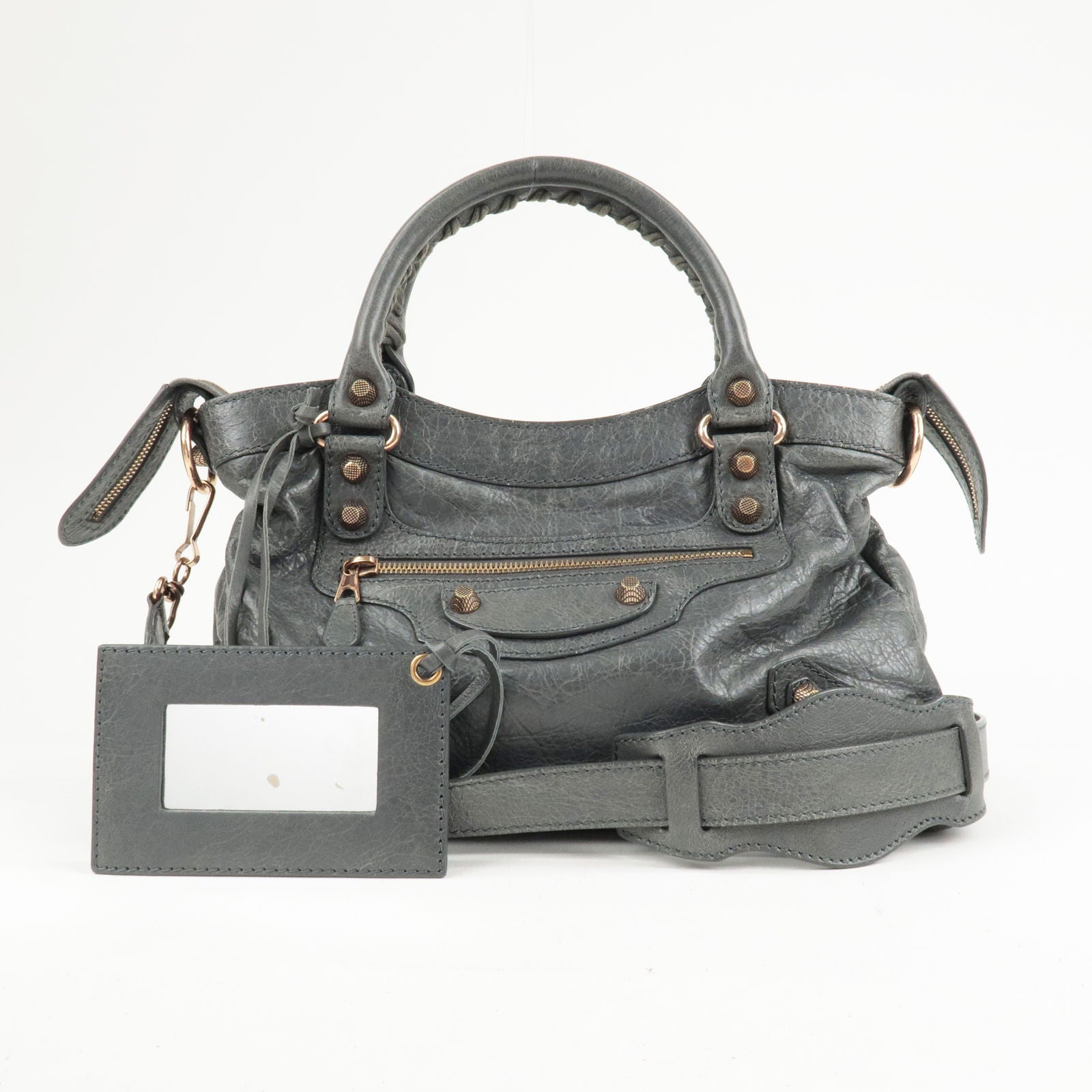 Leather - Town - 2Way - Hand - Bag - Giant - Gray - The