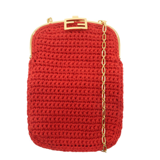 FENDI-Baguette-Knit-Cell-Phone-Case-Shoulder-Bag-Red-7AR966