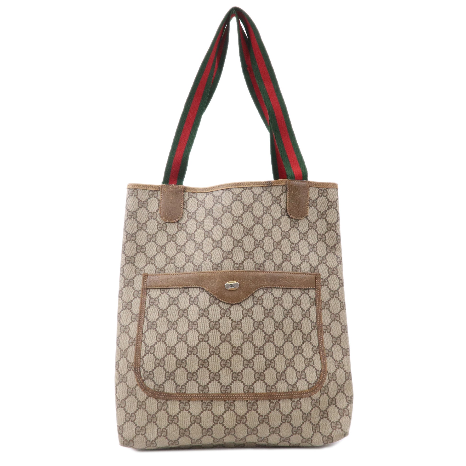 Gucci Vintage Brown Monogram Shopping Bag Tote with Stripes at