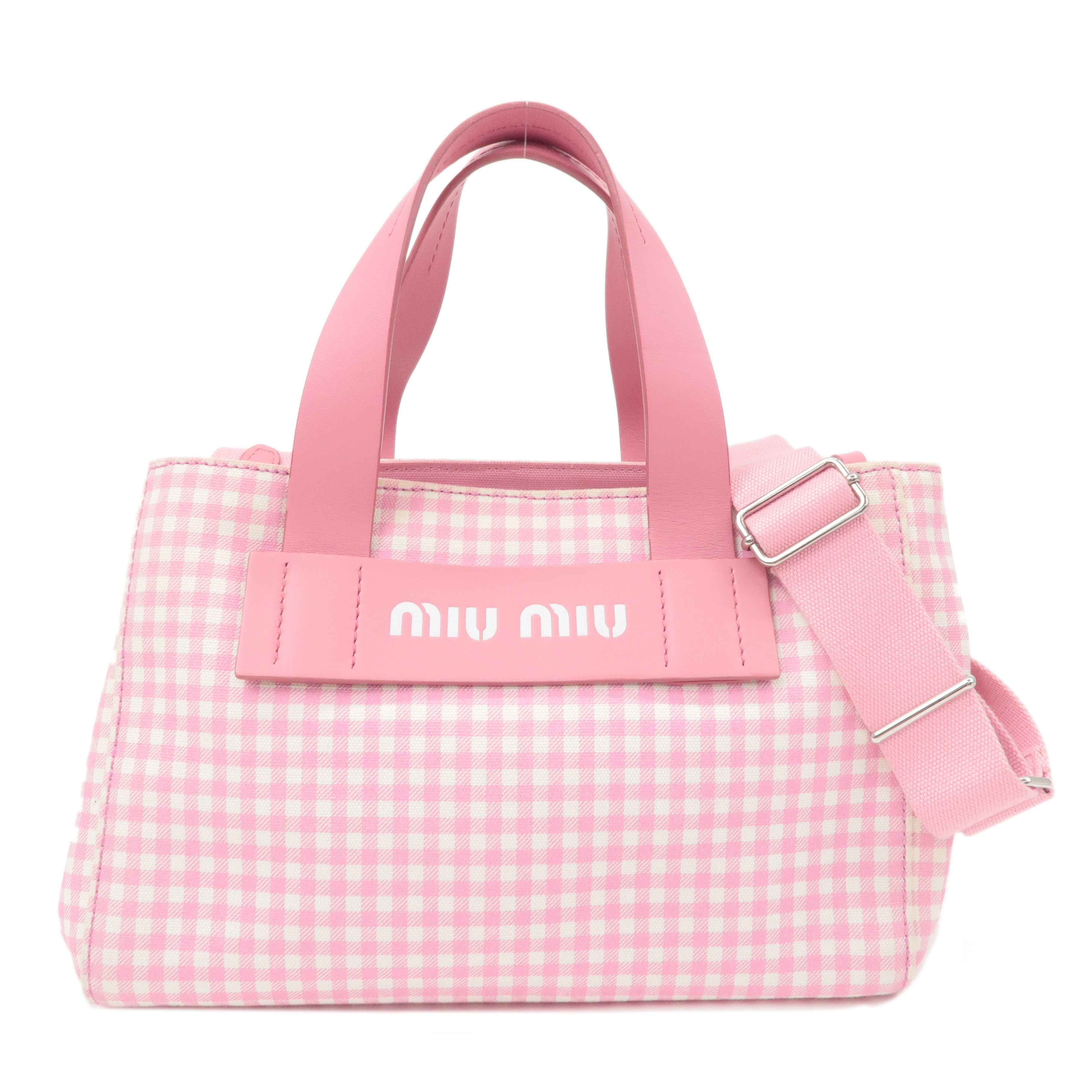 MIU-MIU-Canvas-Leather-Checkered-2Way-Bag-Pink-5BA085 – dct