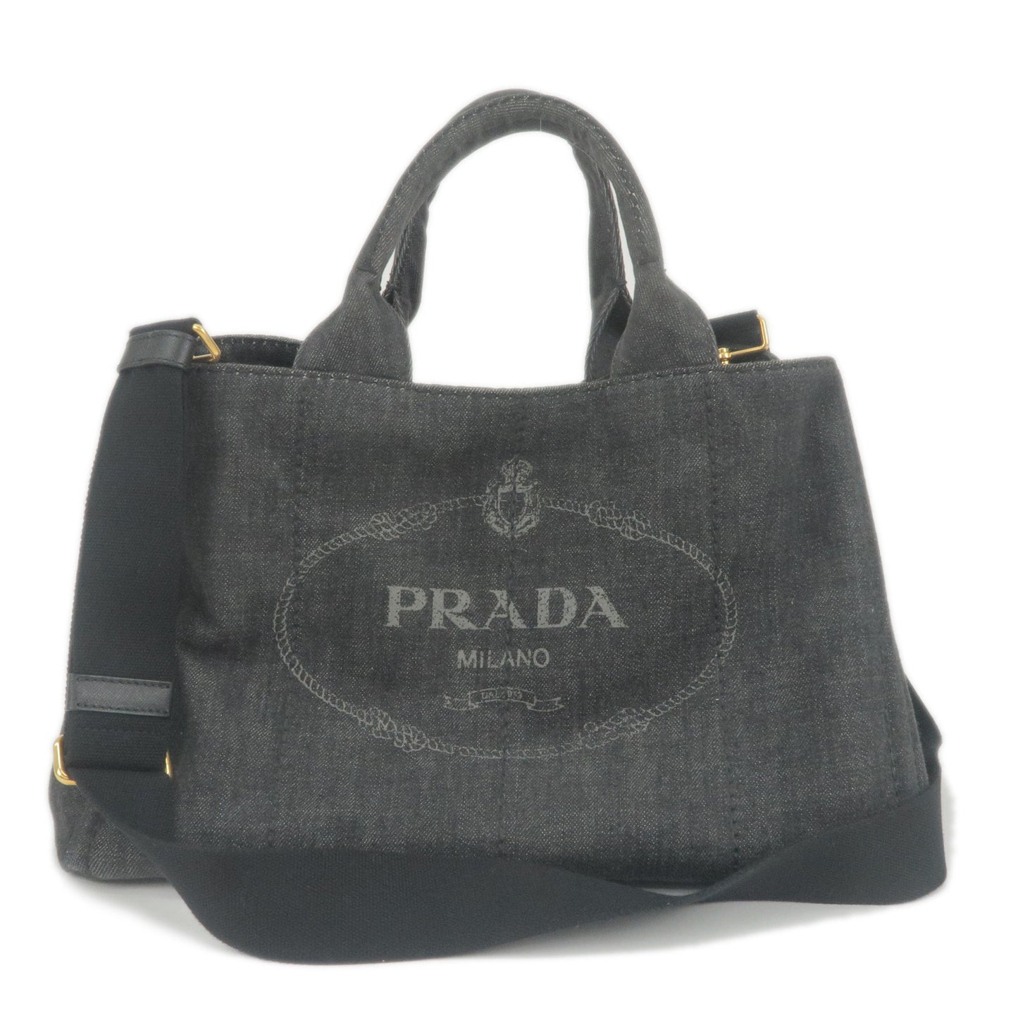 PRADA-Logo-Canapa-Denim-Tote-Bag-Hand-Bag-NERO-Black-B2642B
