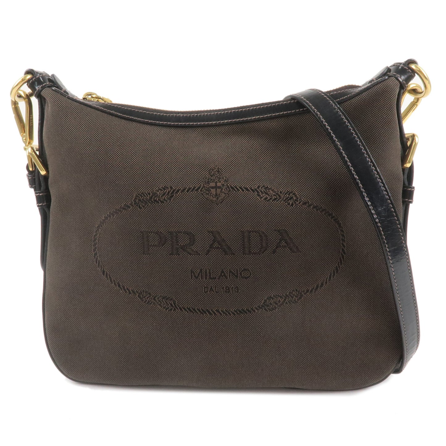 PRADA Logo Jacquard Leather Shoulder Bag Black Brown