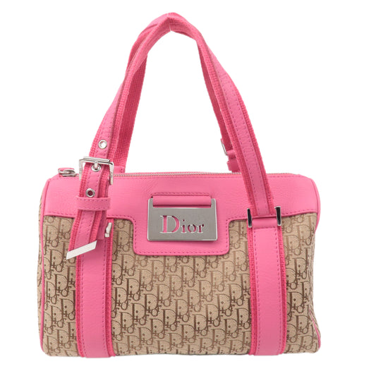 Christian-Dior-Trotter-Canvas-Leather-Boston-Bag-Beige-Pink