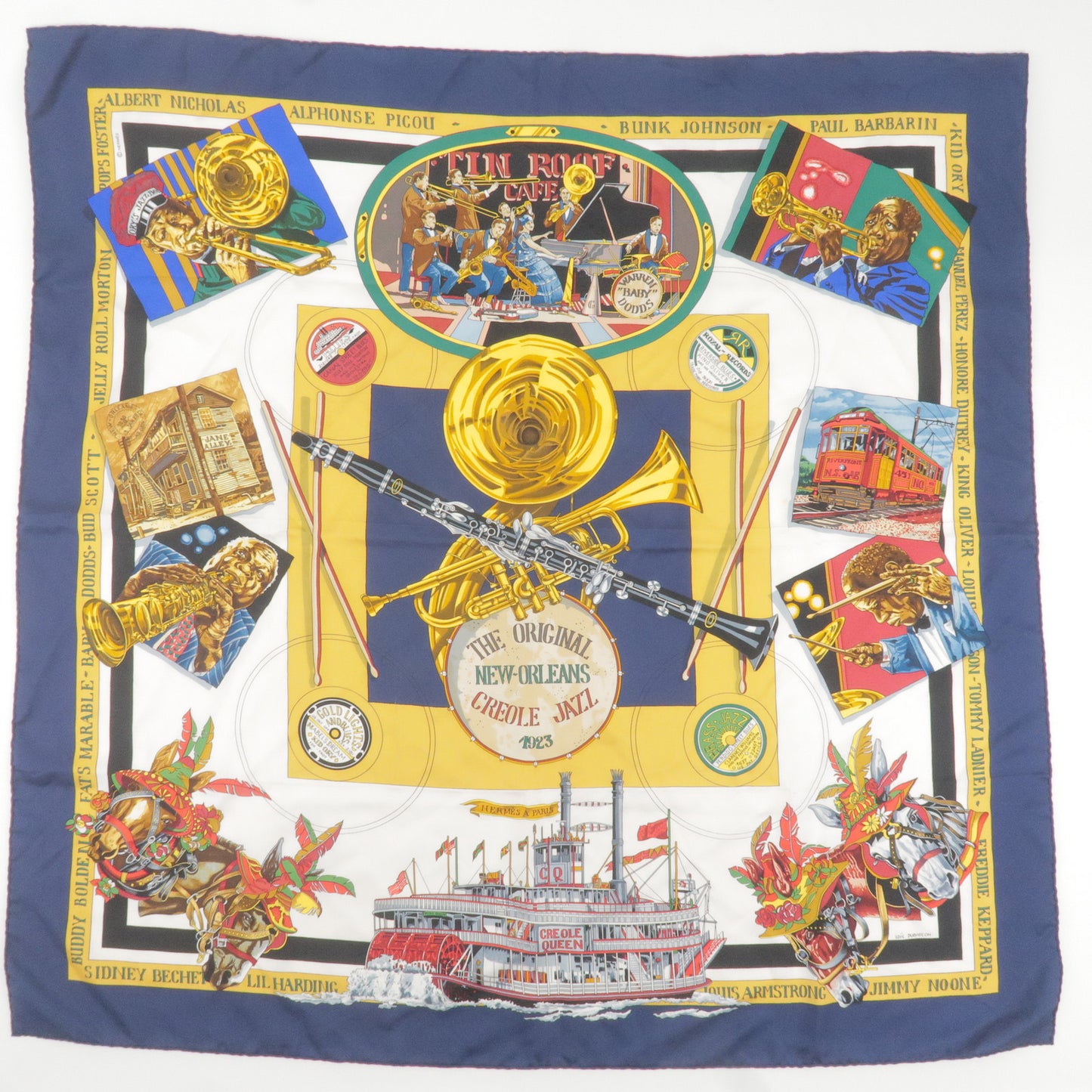HERMES Carre 90 100% Silk Scarf 1923 The Original New Orleans Navy