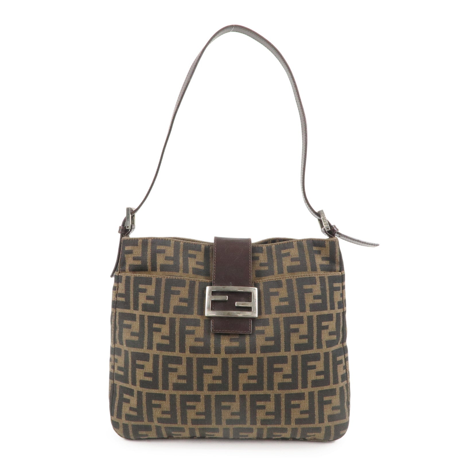 FENDI-Zucca-Canvas-Leather-Shoulder-Bag-Brown-Black-26727