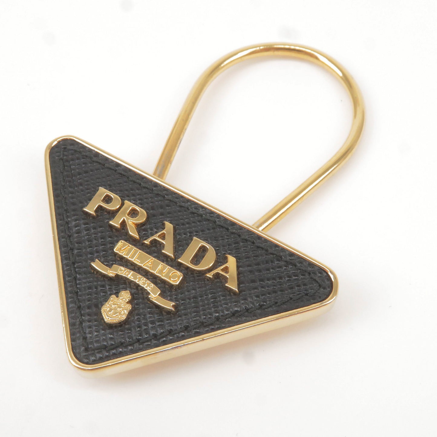 PRADA Logo Metal Leather Charm Key Charm Black Gold 1PP301