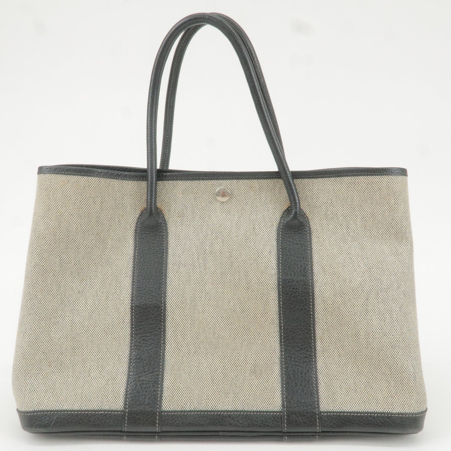 HERMES Garden Party PM Toile Ash Leather Tote Bag Gray Black