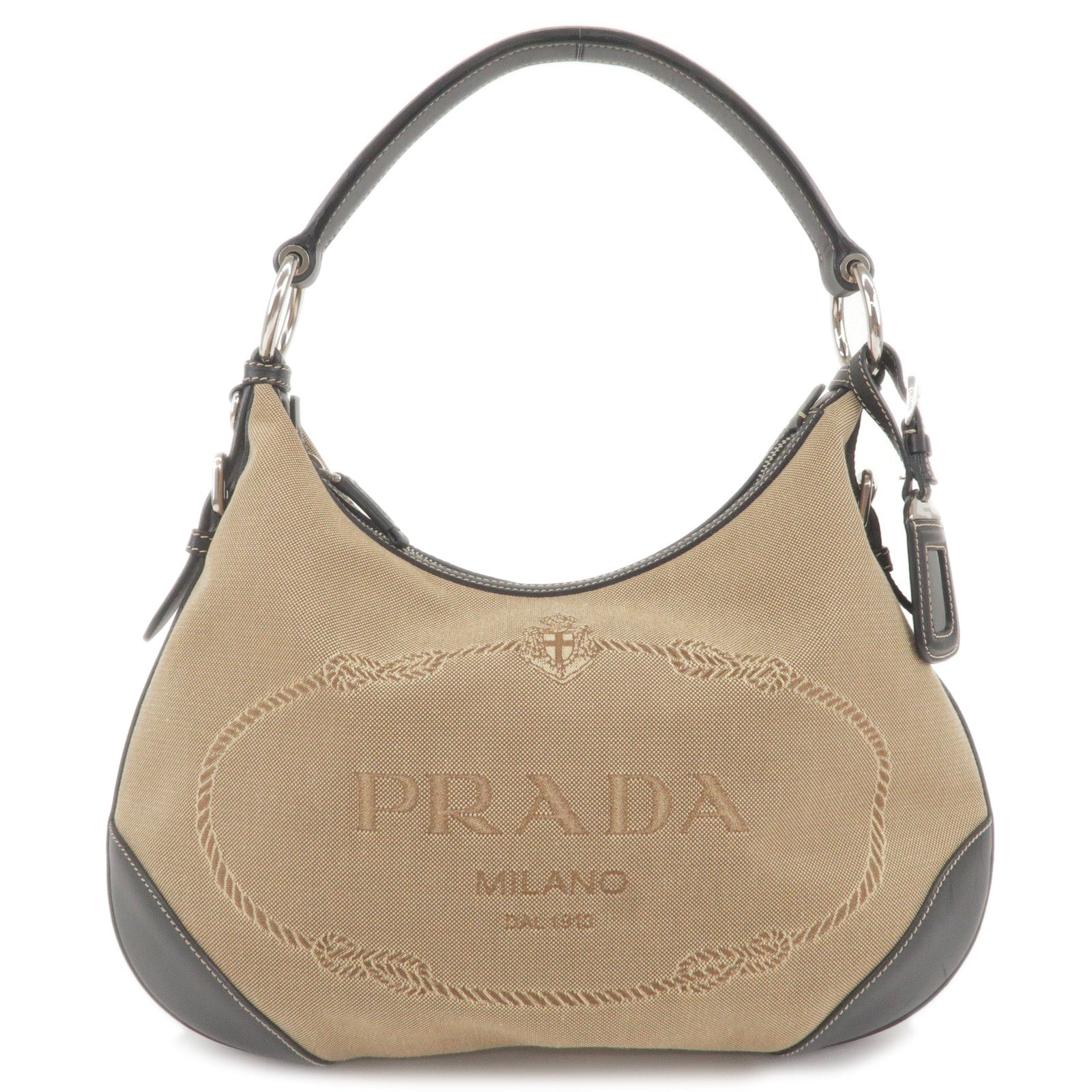 PRADA-Logo-Jacquard-Leather-Shoulder-Bag-Beige-Black-BR3430