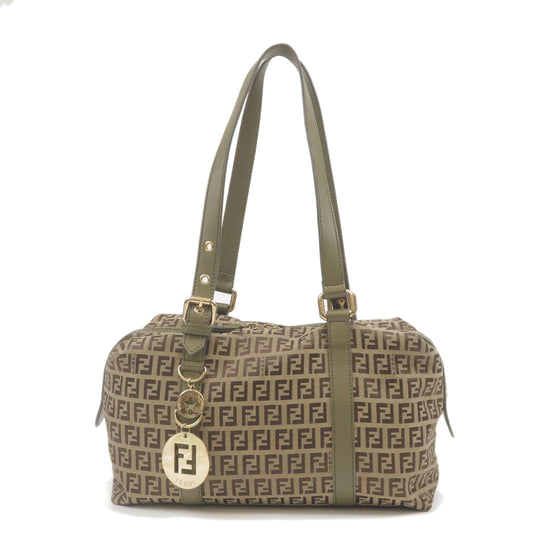 Authentic-FENDI-Zucchino-Canvas-Leather-Boston-Bag-Khaki-Brown-8BL106-Used-F/S