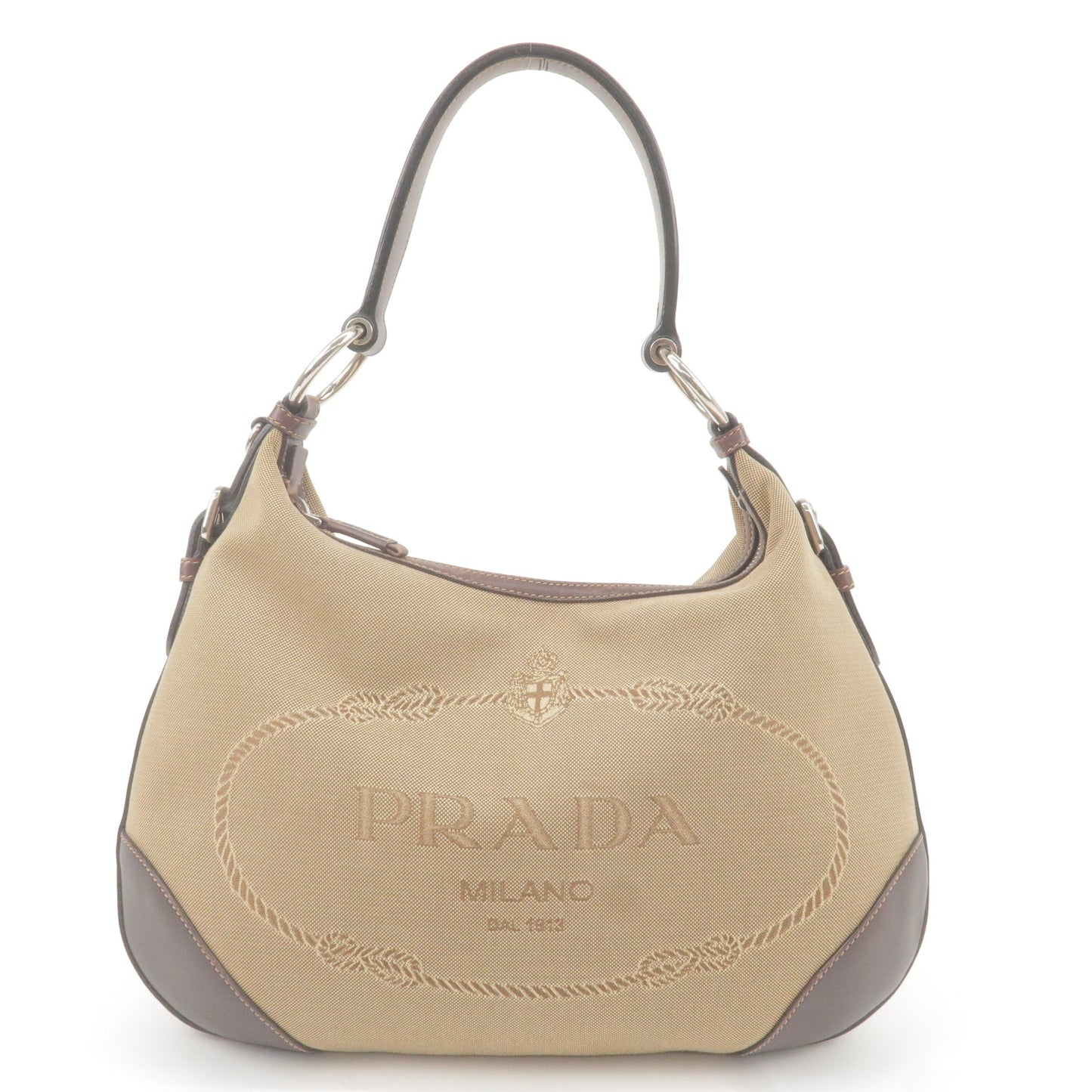 PRADA Logo Jacquard Leather Shoulder Bag Beige Brown