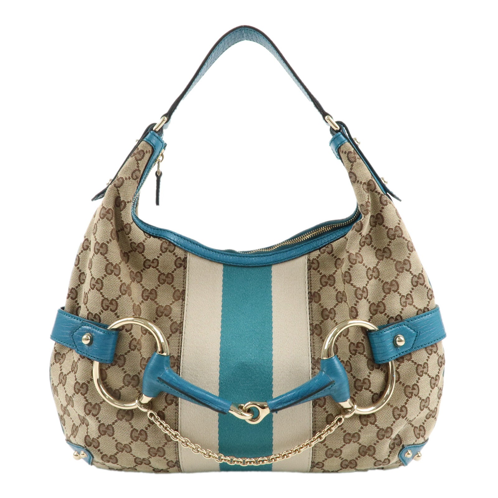 GUCCI-Horsebit-Sherry-GG-Canvas-Leather-Shoulder-Bag-131026