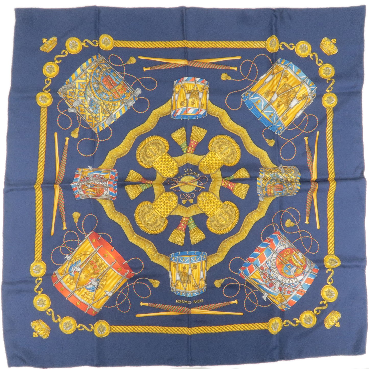 HERMES-Carre-90-100%-Silk-Scarf-Les-Tambours-Navy-Gold