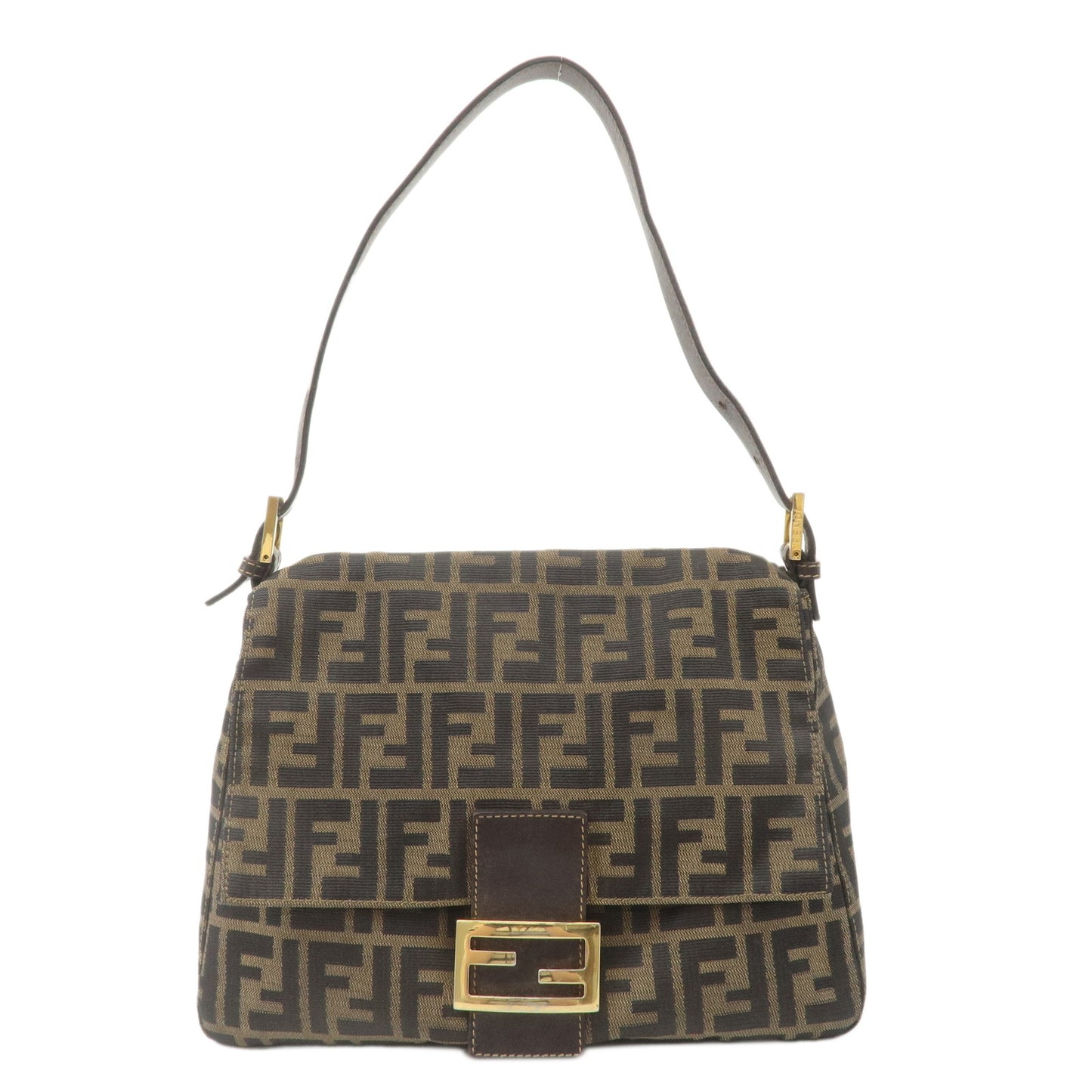 FENDI-Zucca-Mamma-Baguette-Canvas-Leather-Shoulder-Bag-Brown