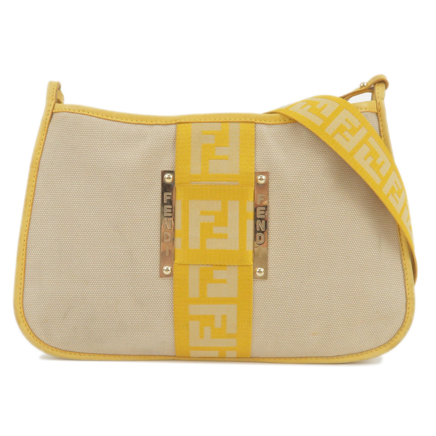 FENDI-Logo-Canvas-Leather-Shoulder-Bag-Beige-Yellow-8BT084