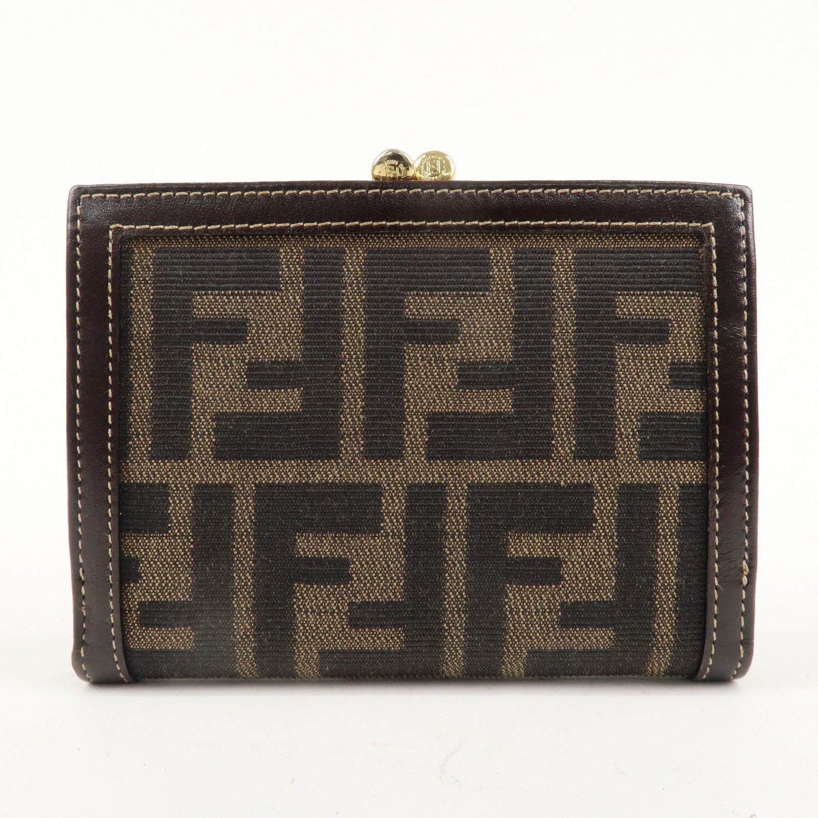 FENDI Zucca Canvas Leather Bi-Fold Wallet Brown Black G1377