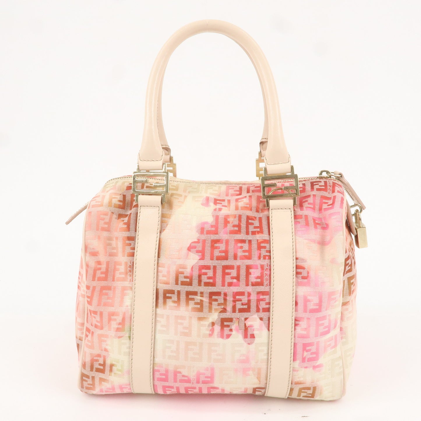 FENDI Zucchino Canvas Mini Boston Bag Ivory Beige Pink 8BL068