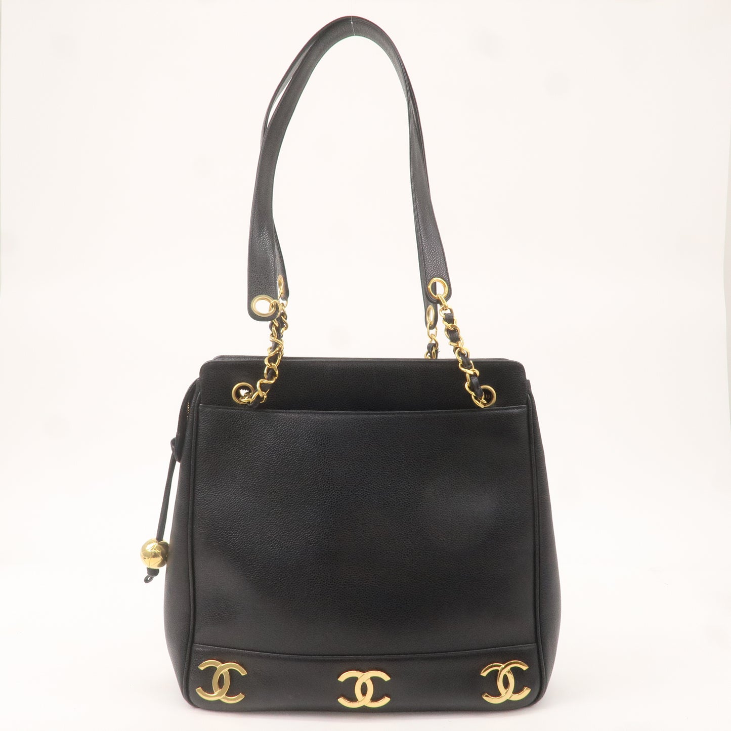 CHANEL Caviar Skin Triple Coco Chain Tote Bag Black Gold