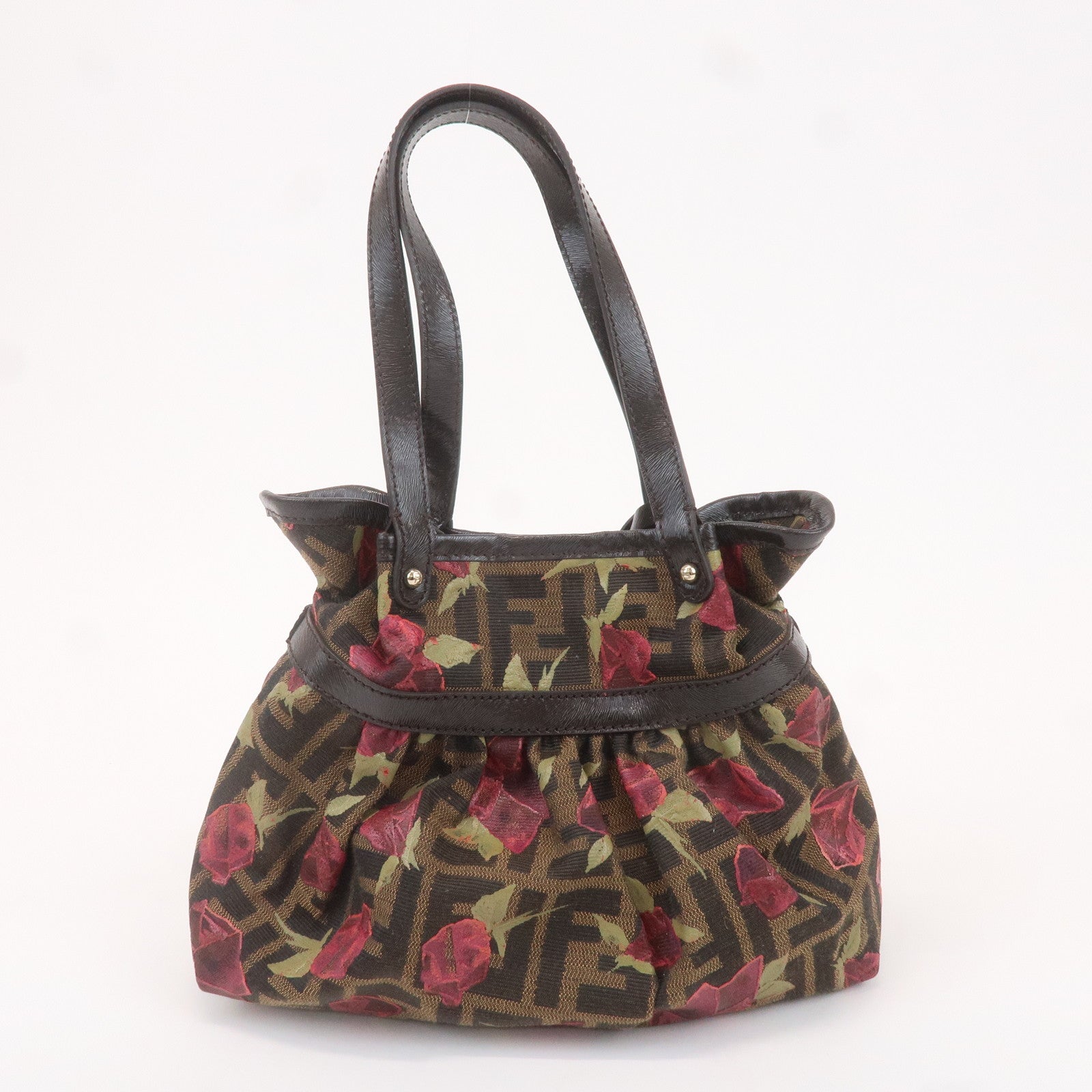 FENDI Zucca Canvas Leather Rose Print Hand Bag Brown Black 8BH212