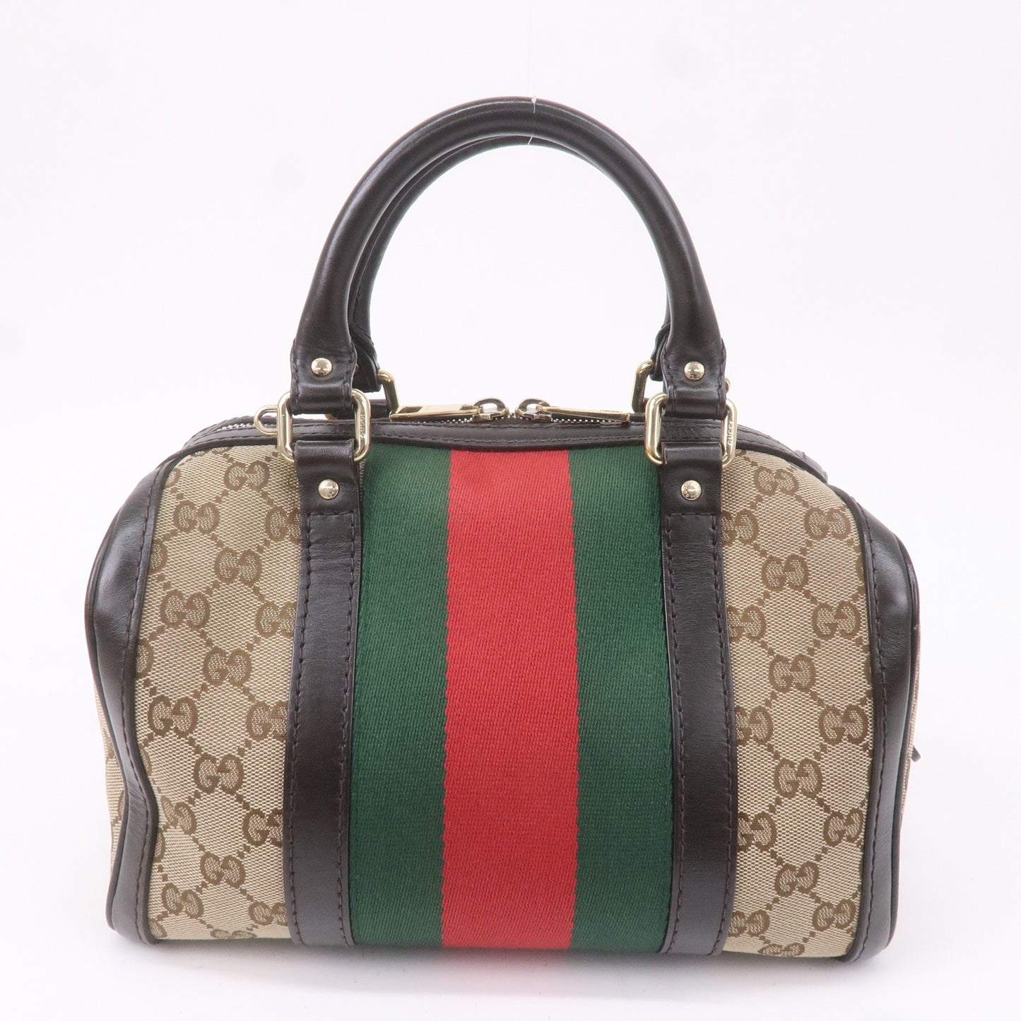 GUCCI Sherry GG Canvas Leather Boston Bag Beige Brown 269876