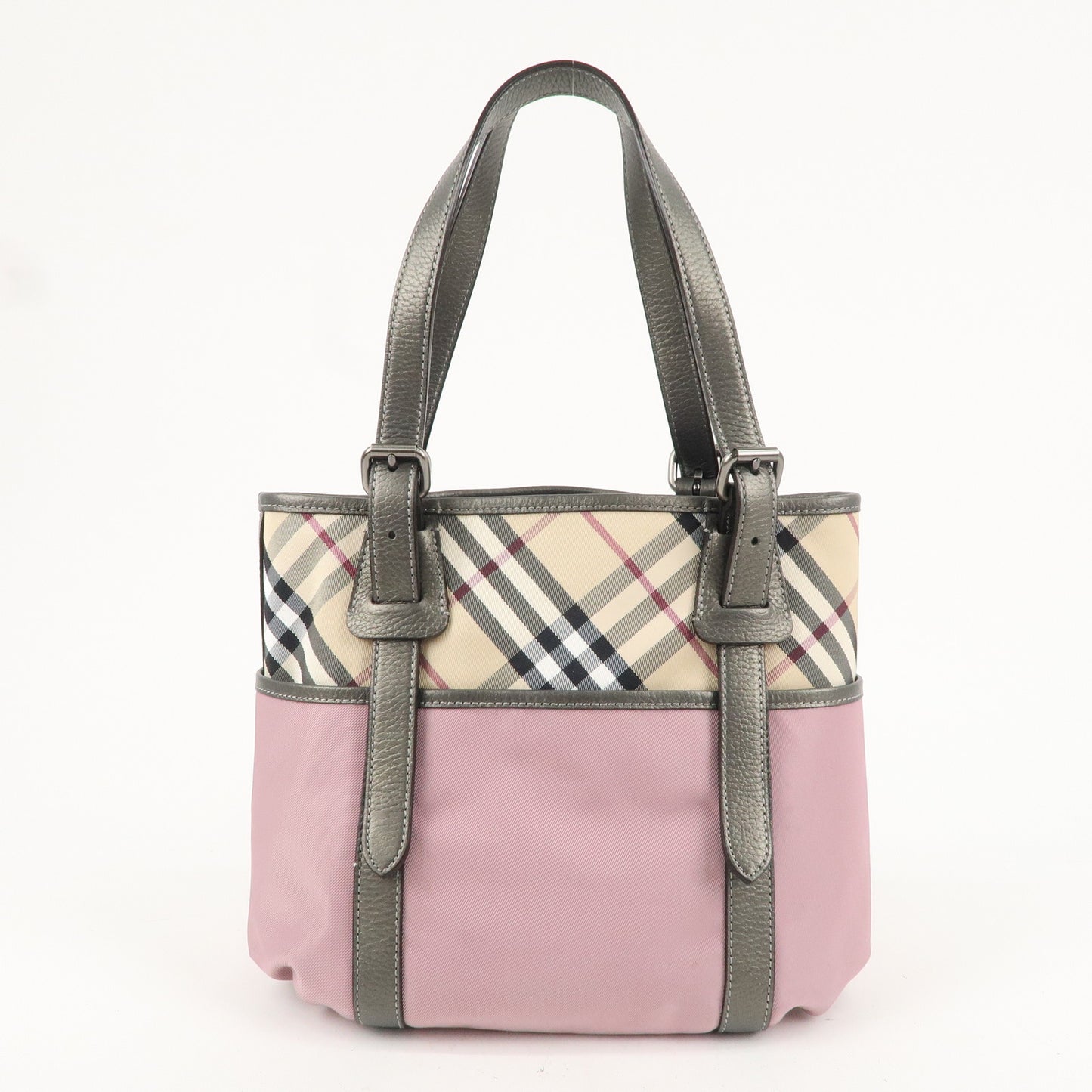 BURBERRY Canvas Leather Nova Plaid Tote Bag Pink Beige