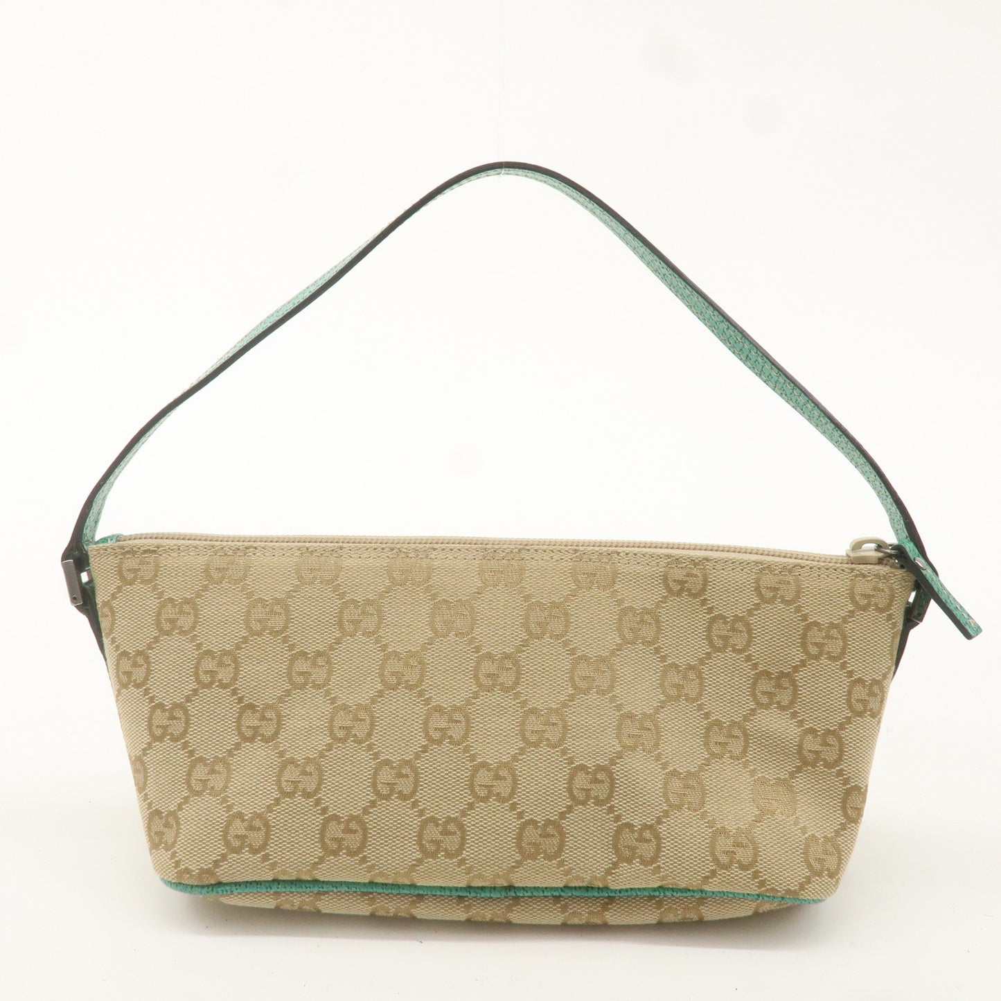 GUCCI Boat Bag GG Canvas Leather Hand Bag Pouch Beige Green 7198