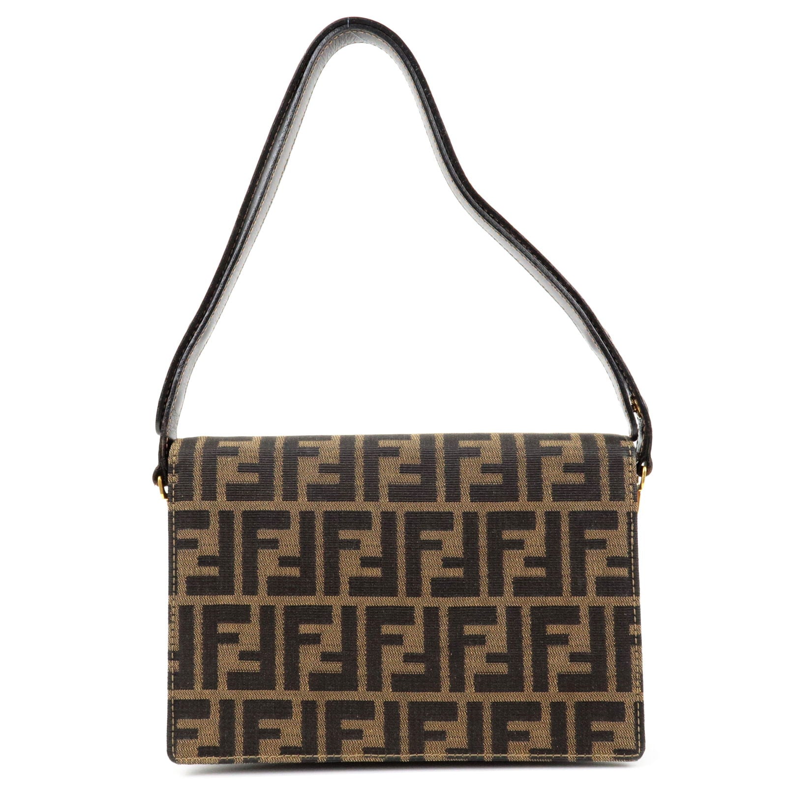 FENDI-Zucca-Canvas-Leather-Shoulder-Bag-Khaki-Black-15079