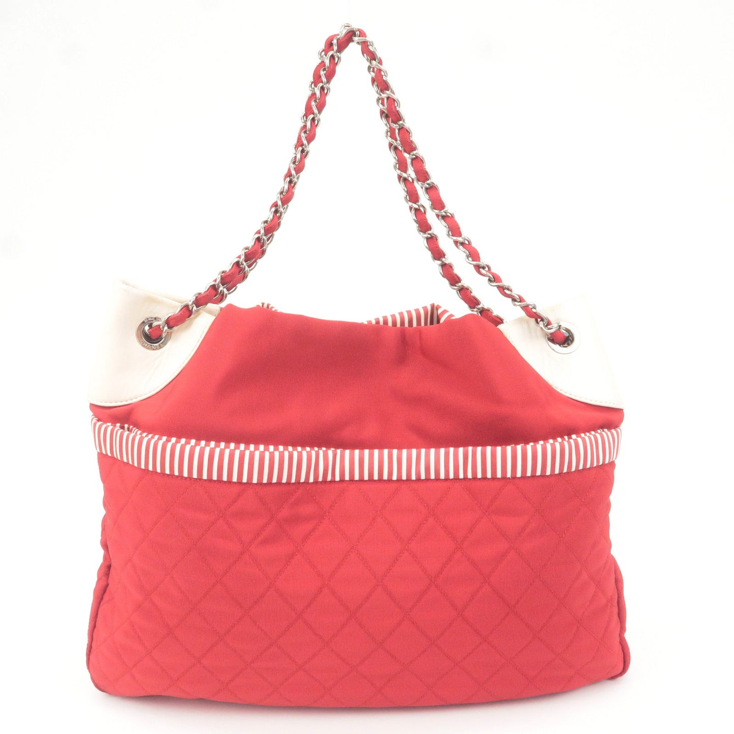 CHANEL Canvas Leather 2WAY Chain Tote Bag Stripe Red